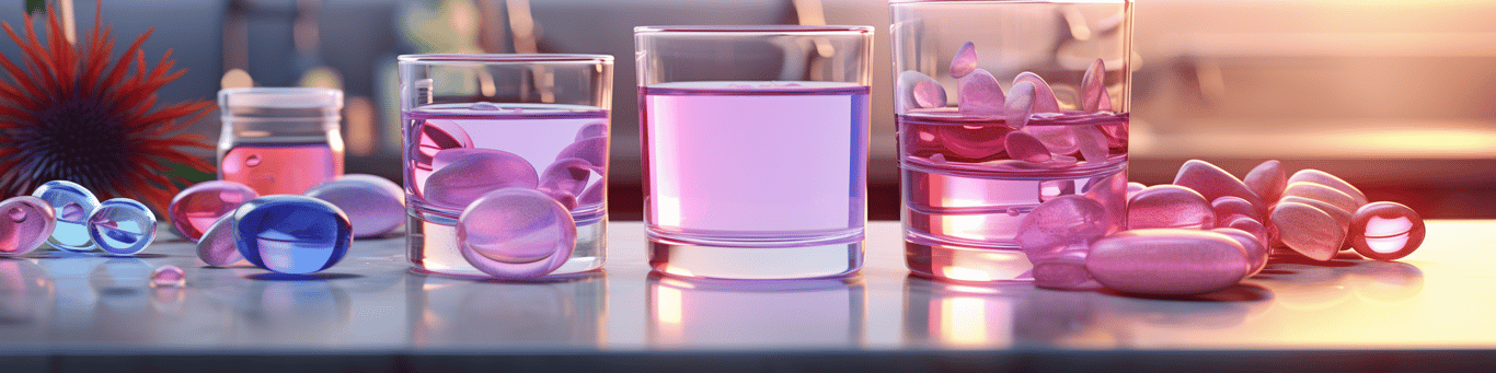 image of drug pills surrounding a glass of water symbolizing drug consumption