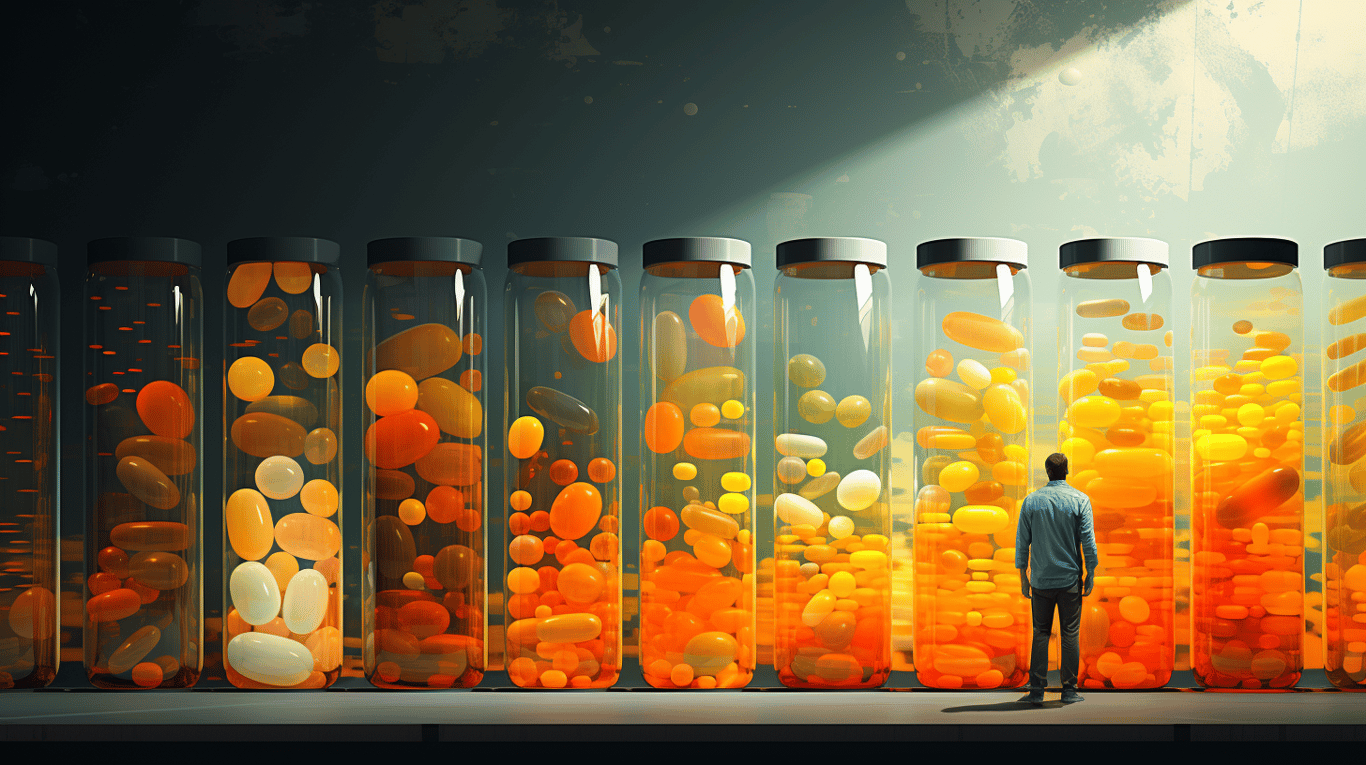 abstract image of a researcher studying a bottle of drug.