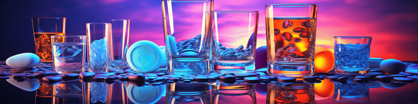 image of drug pills surrounding a glass of water symbolizing drug consumption
