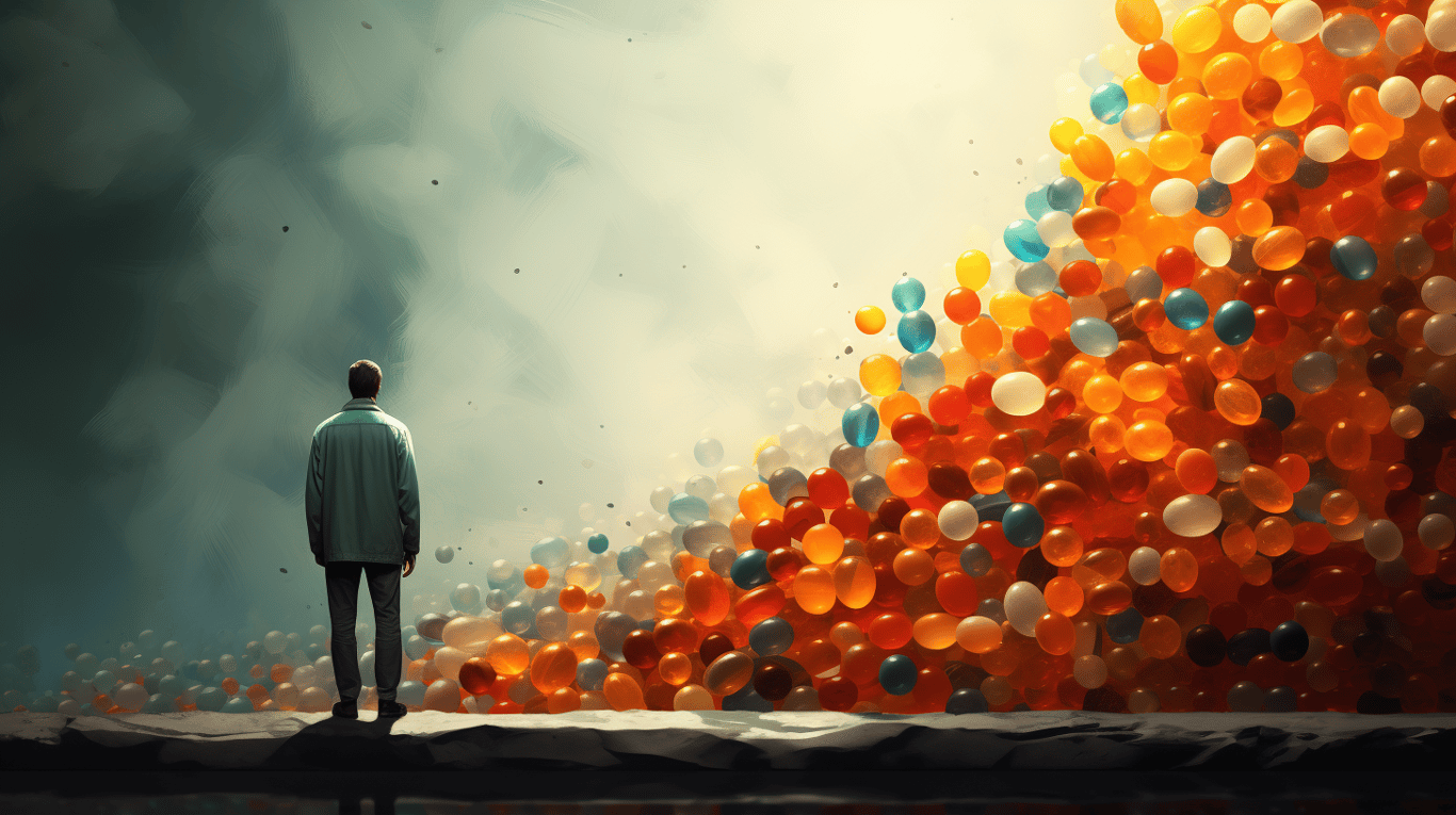 abstract image of a researcher studying a bottle of drug.