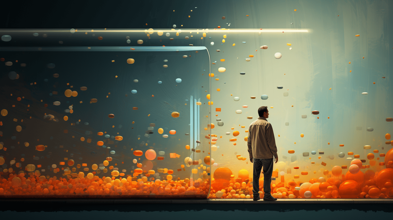 abstract image of a researcher studying a bottle of drug.