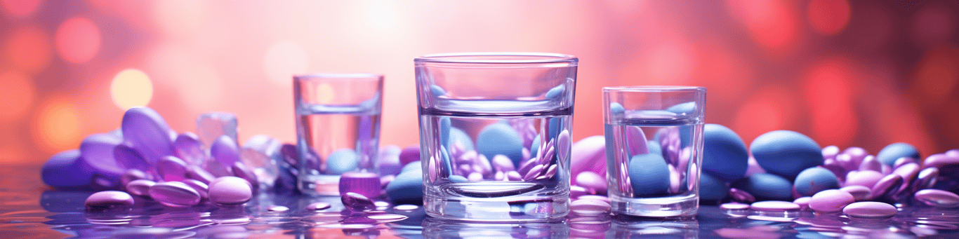 image of drug pills surrounding a glass of water symbolizing drug consumption