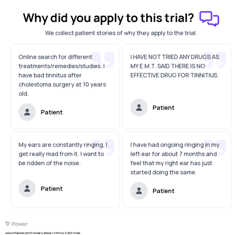 Tinnitus Patient Testimony for trial: Trial Name: NCT04192773 — Phase < 1