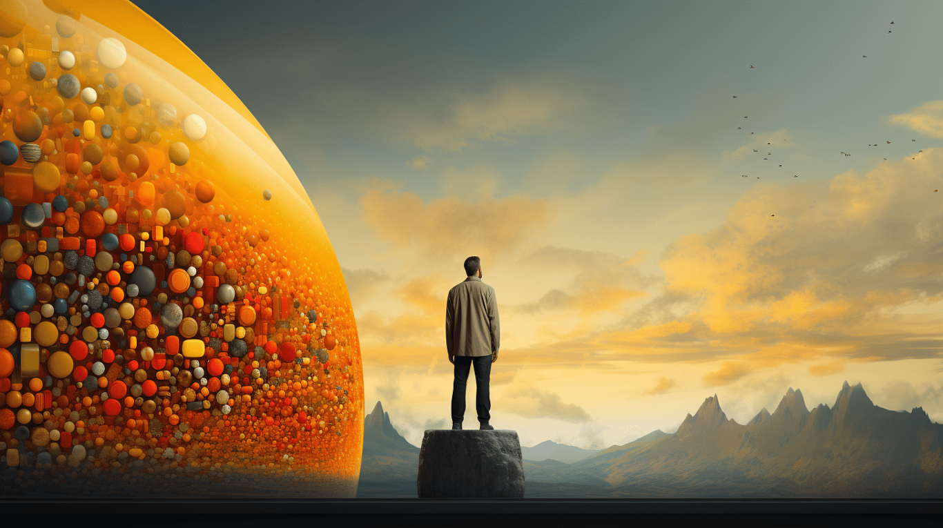 abstract image of a researcher studying a bottle of drug.