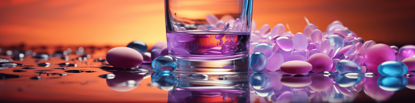 image of drug pills surrounding a glass of water symbolizing drug consumption