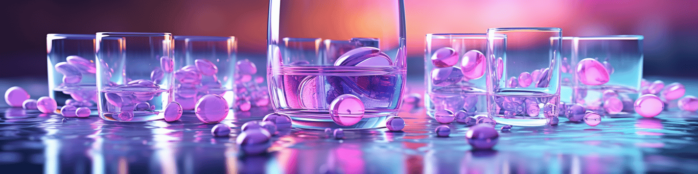 image of drug pills surrounding a glass of water symbolizing drug consumption