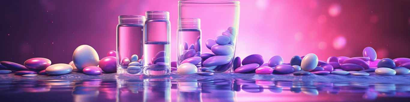image of drug pills surrounding a glass of water symbolizing drug consumption