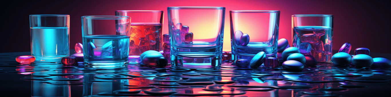 image of drug pills surrounding a glass of water symbolizing drug consumption