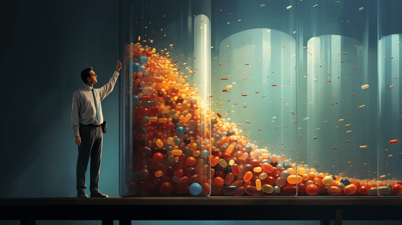 abstract image of a researcher studying a bottle of drug.