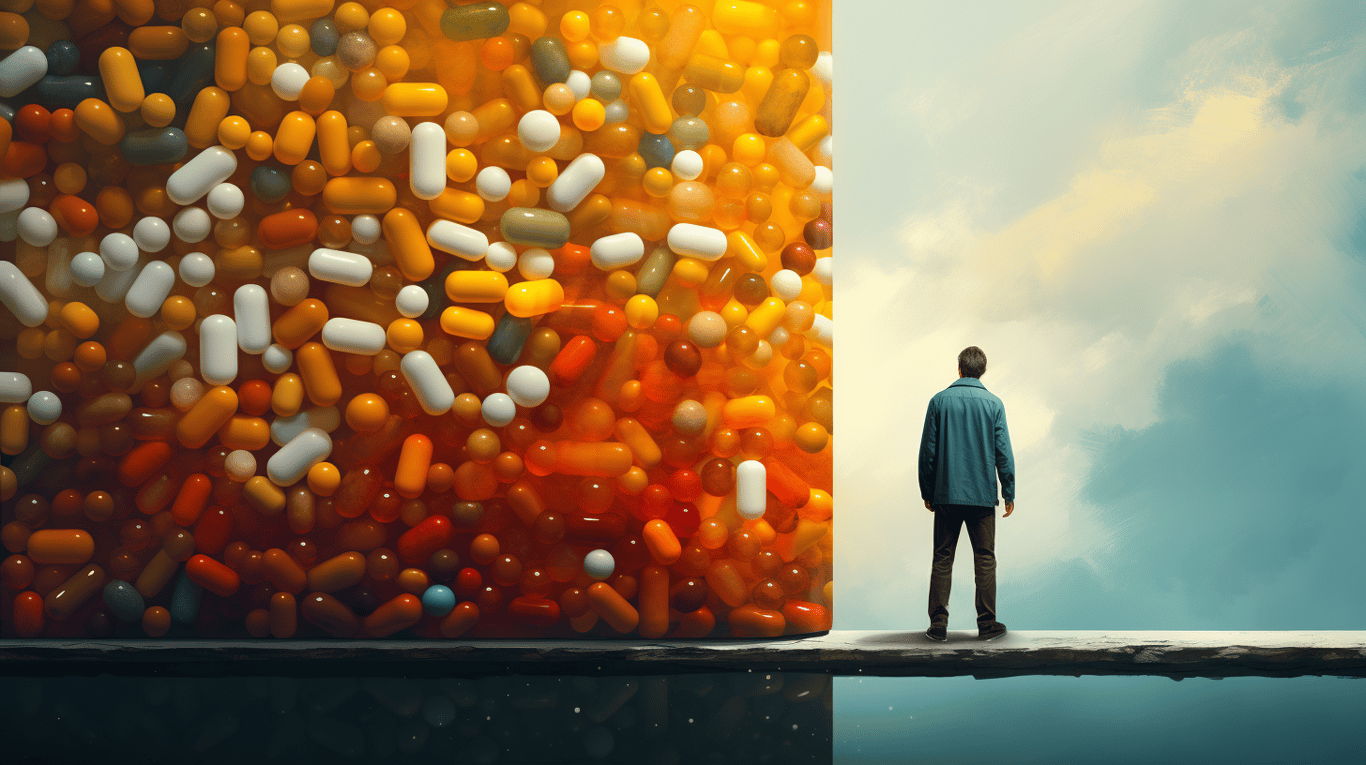 abstract image of a researcher studying a bottle of drug.