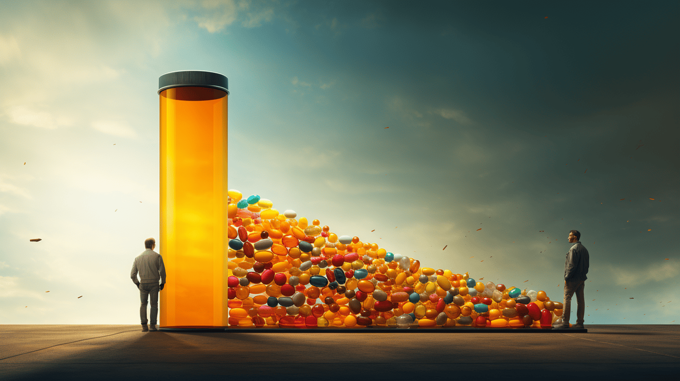 abstract image of a researcher studying a bottle of drug.