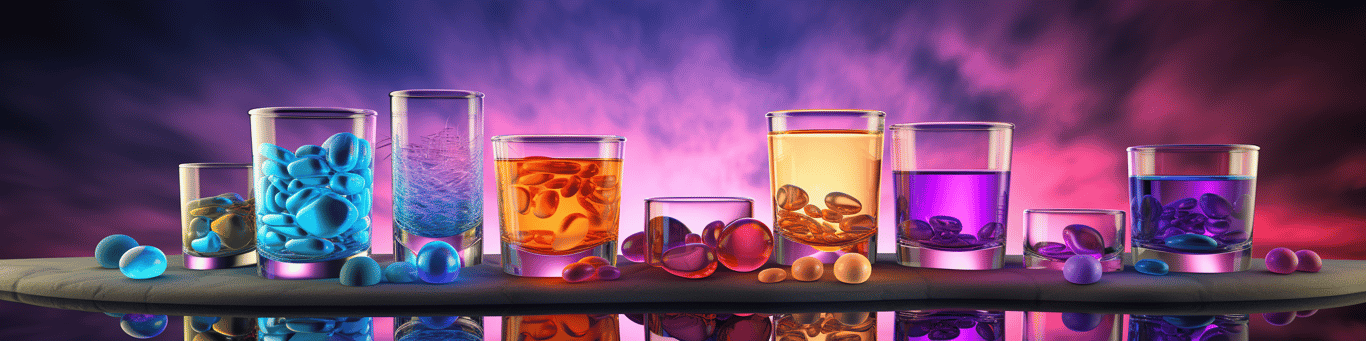 image of drug pills surrounding a glass of water symbolizing drug consumption