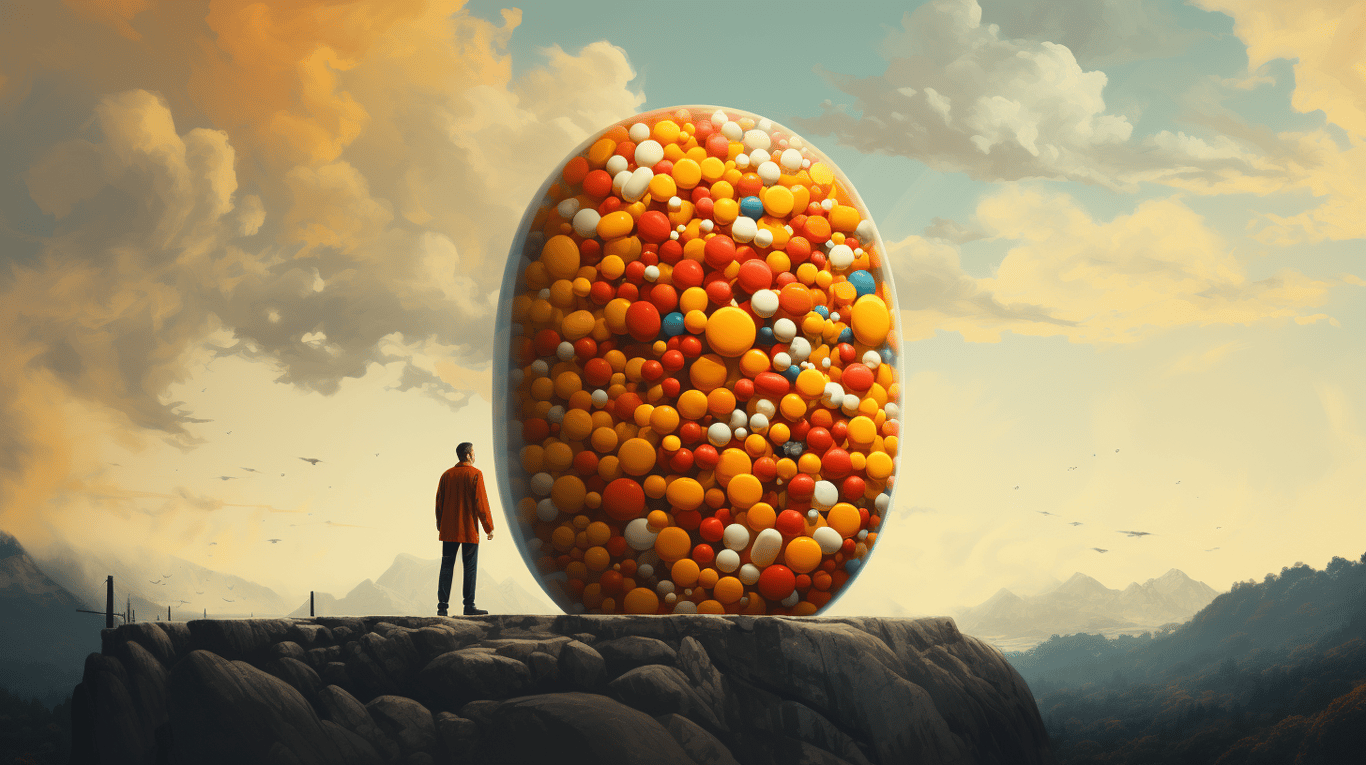 abstract image of a researcher studying a bottle of drug.