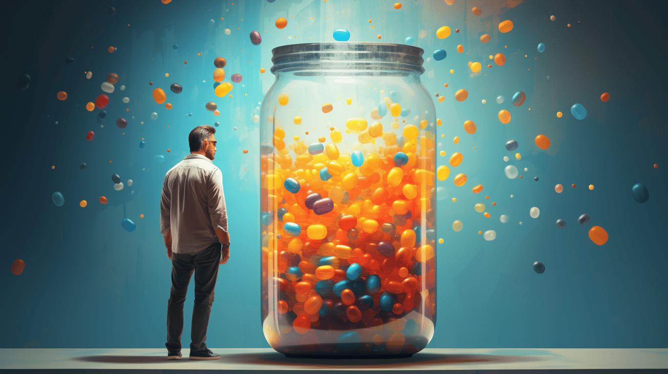 abstract image of a researcher studying a bottle of drug.