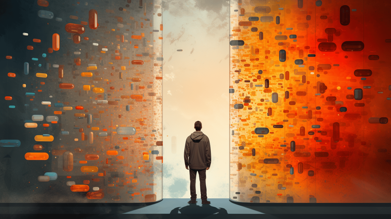 abstract image of a researcher studying a bottle of drug.