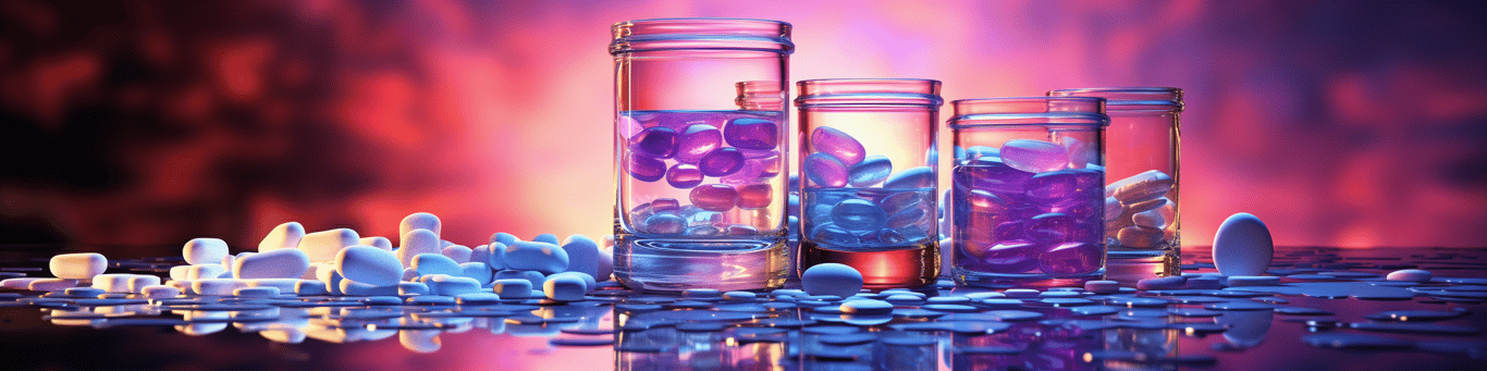 image of drug pills surrounding a glass of water symbolizing drug consumption