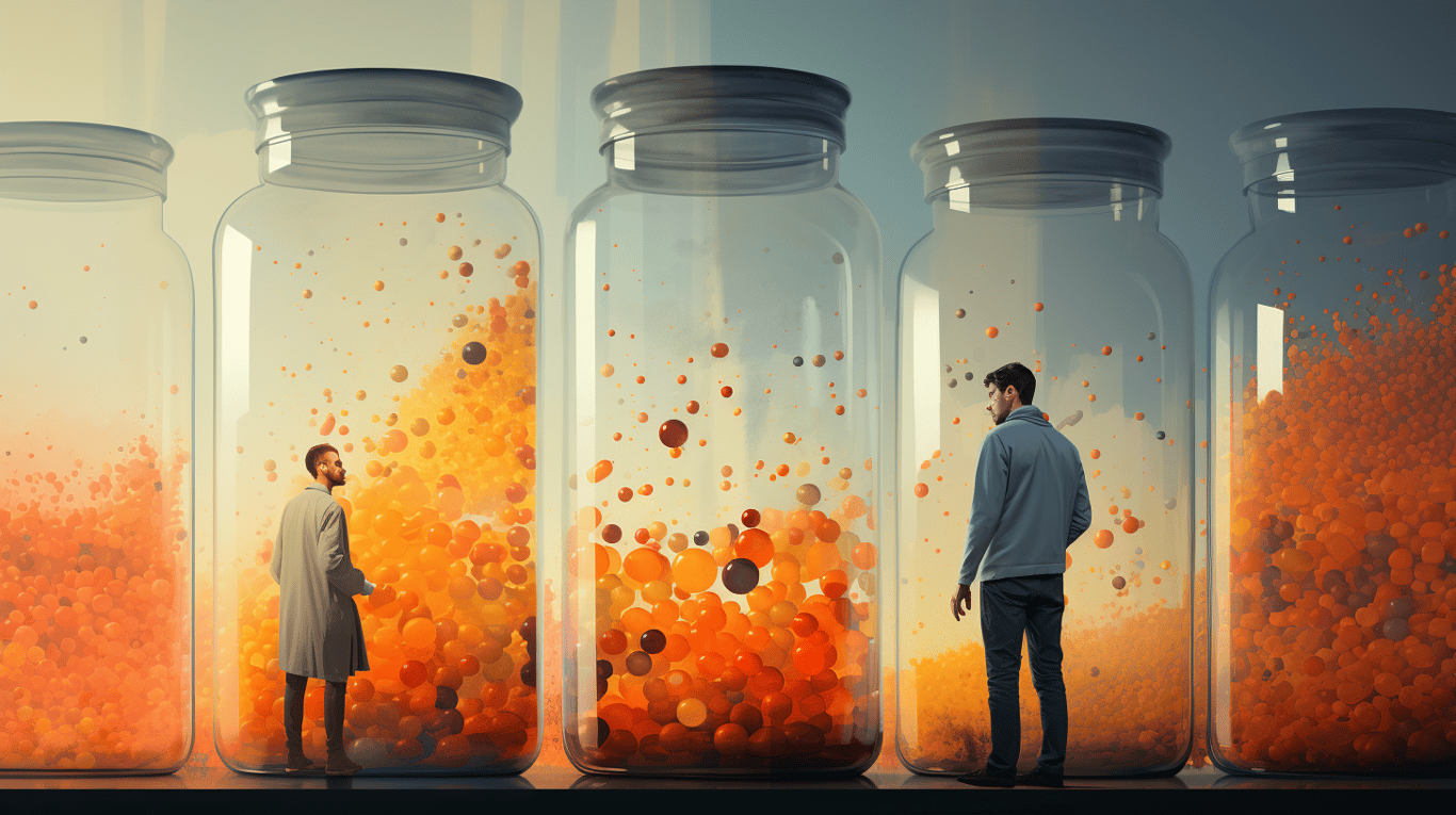 abstract image of a researcher studying a bottle of drug.