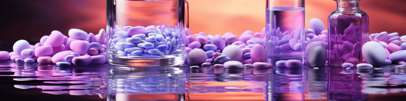 image of drug pills surrounding a glass of water symbolizing drug consumption