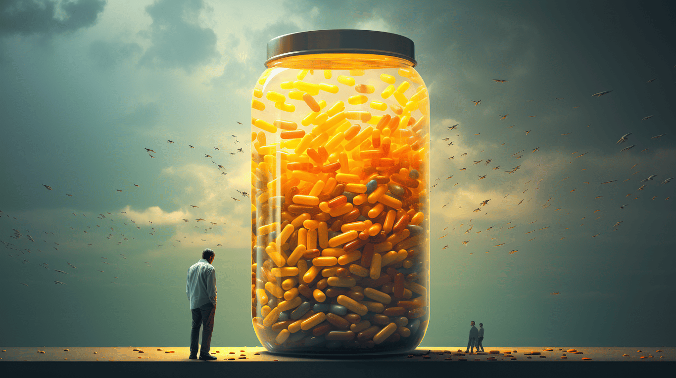 abstract image of a researcher studying a bottle of drug.