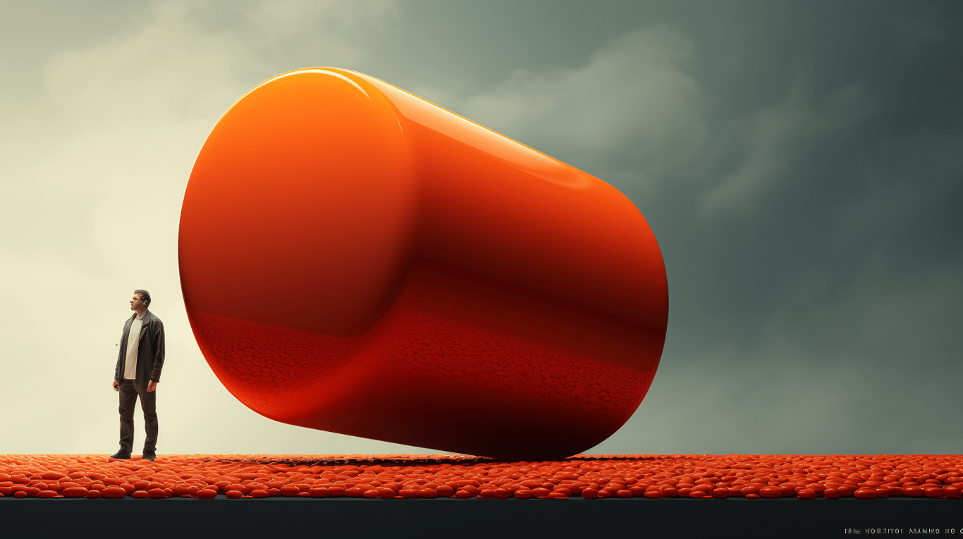 abstract image of a researcher studying a bottle of drug.