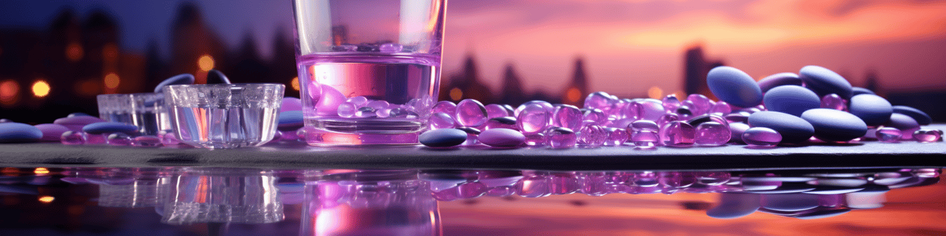 image of drug pills surrounding a glass of water symbolizing drug consumption