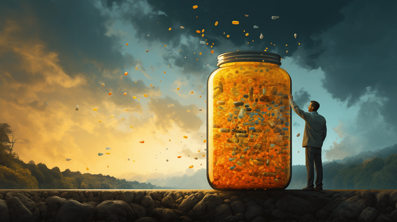 abstract image of a researcher studying a bottle of drug.