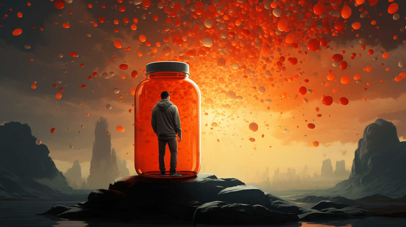 abstract image of a researcher studying a bottle of drug.