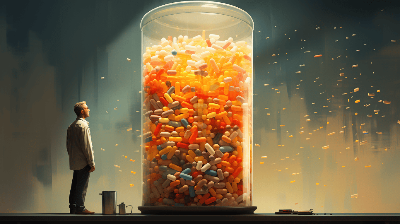 abstract image of a researcher studying a bottle of drug.