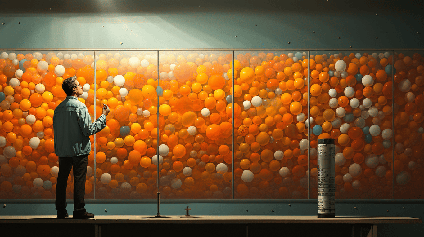 abstract image of a researcher studying a bottle of drug.