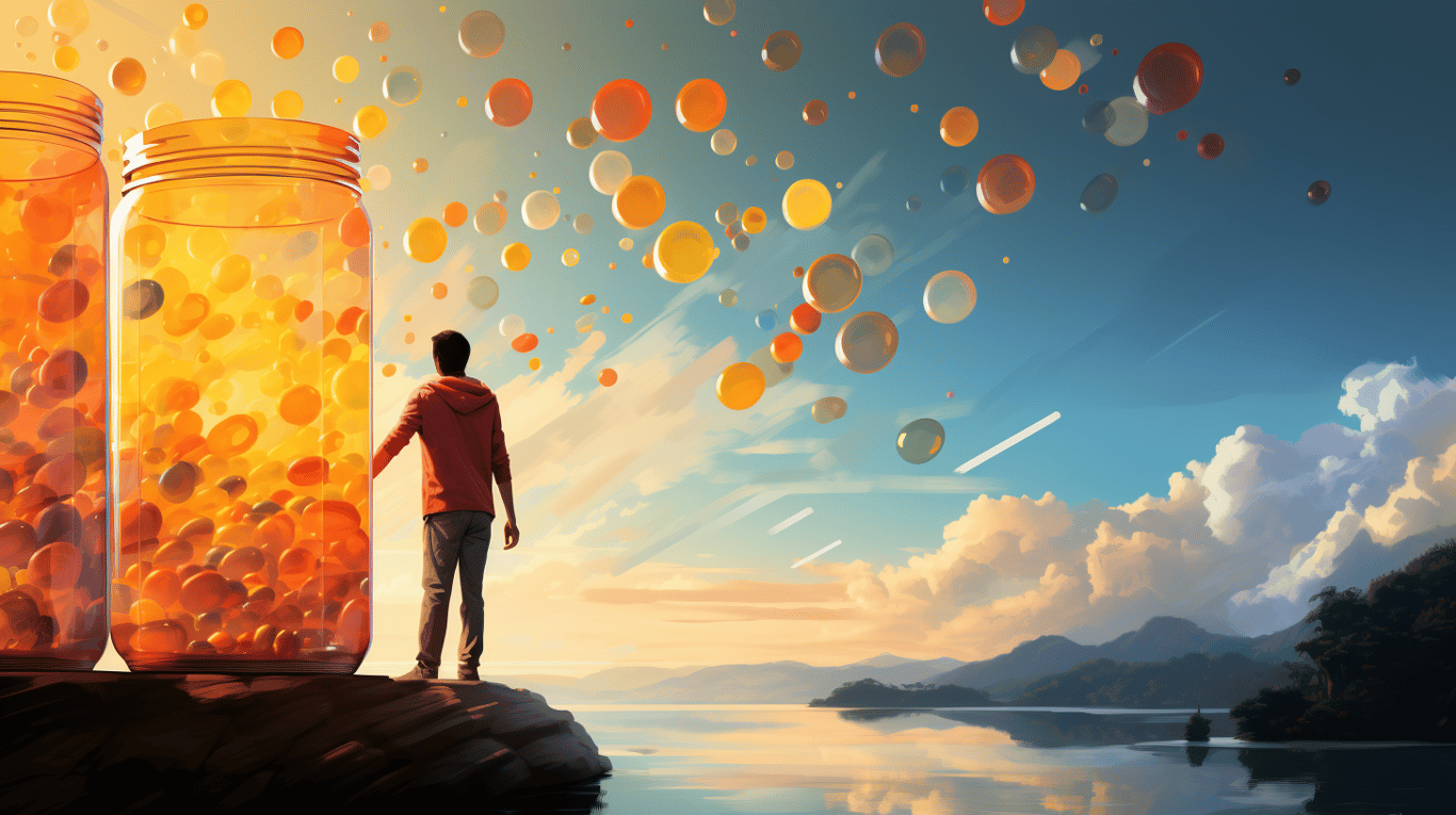 abstract image of a researcher studying a bottle of drug.