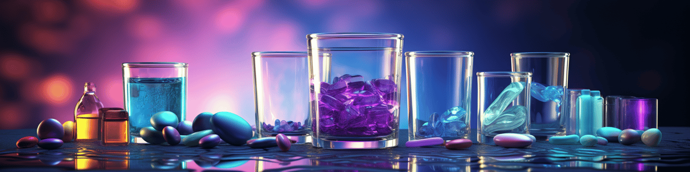 image of drug pills surrounding a glass of water symbolizing drug consumption