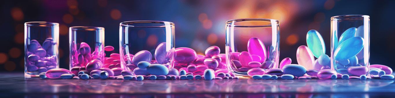 image of drug pills surrounding a glass of water symbolizing drug consumption