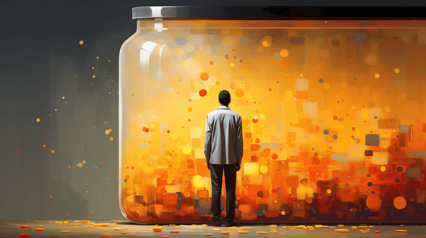 abstract image of a researcher studying a bottle of drug.