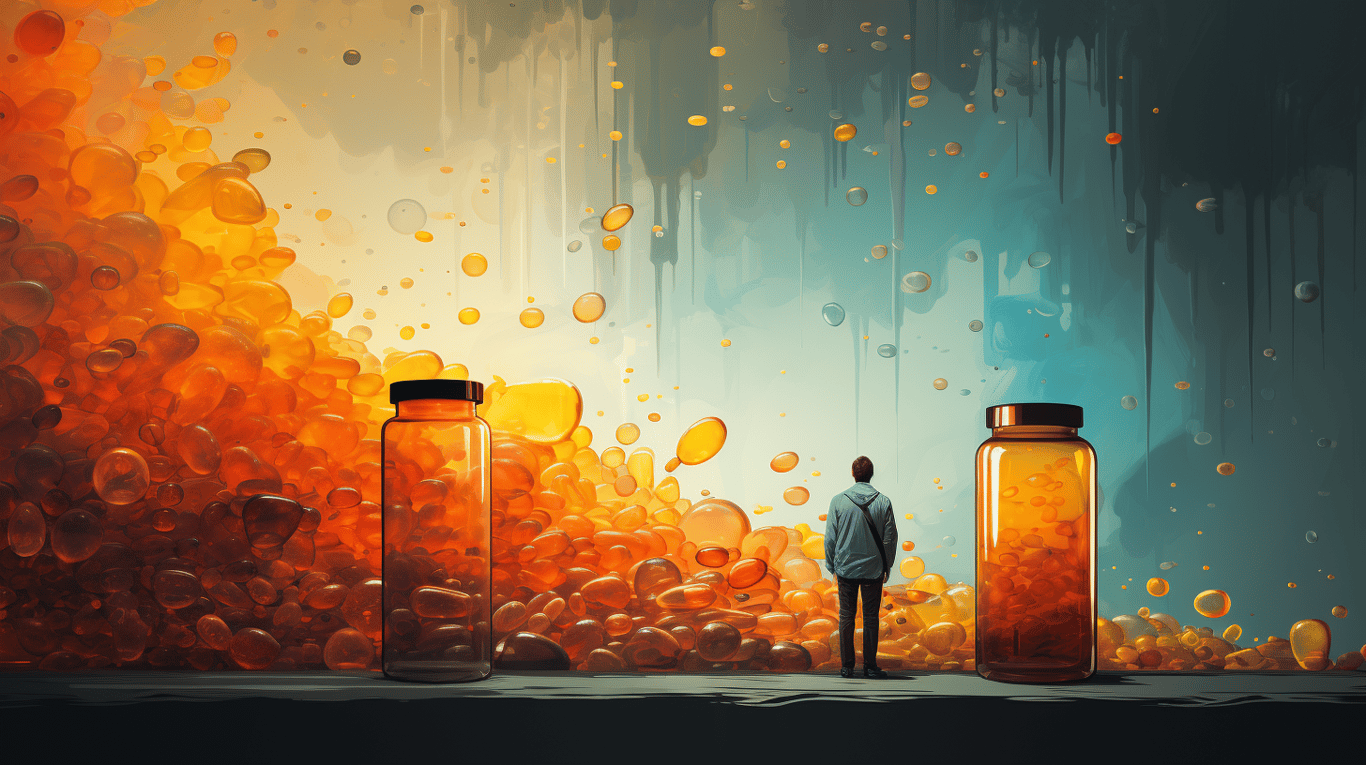 abstract image of a researcher studying a bottle of drug.