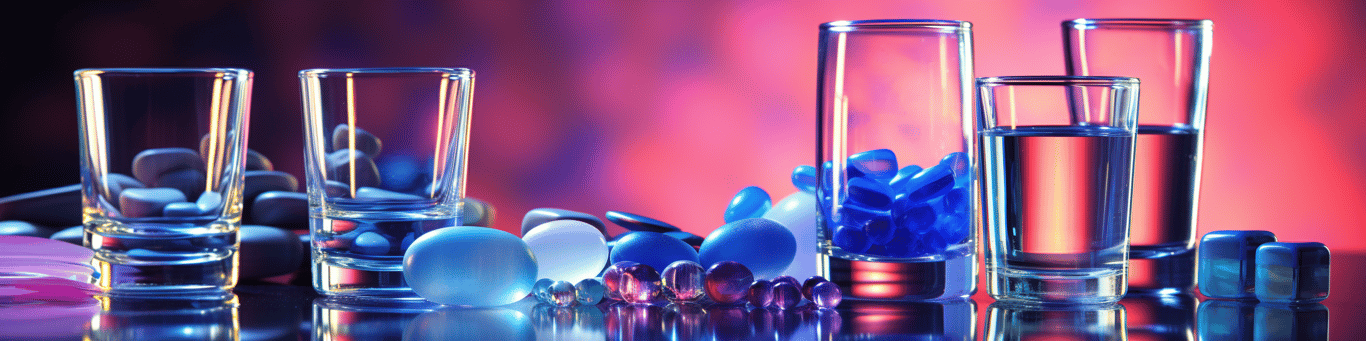 image of drug pills surrounding a glass of water symbolizing drug consumption