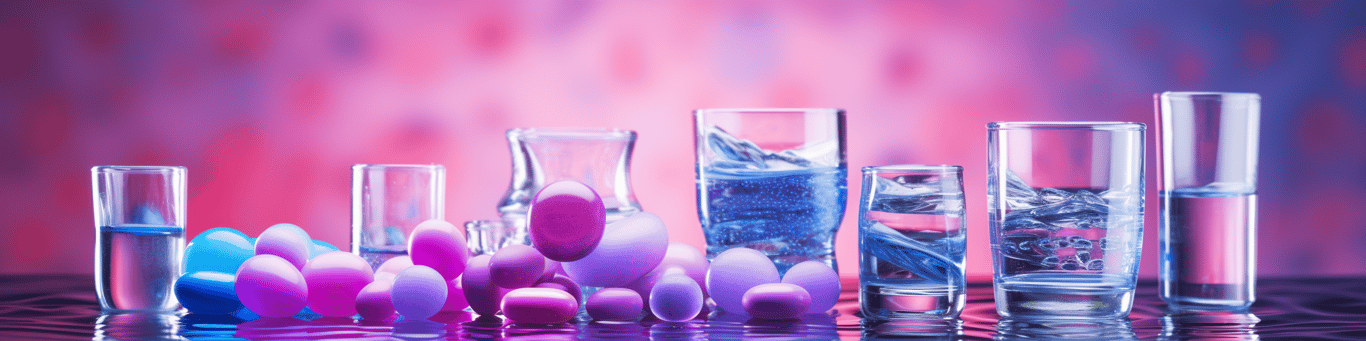 image of drug pills surrounding a glass of water symbolizing drug consumption