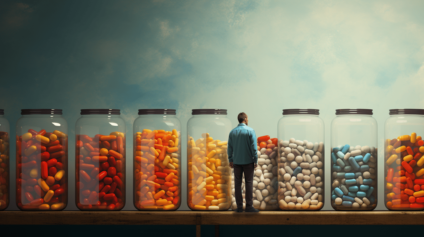 abstract image of a researcher studying a bottle of drug.