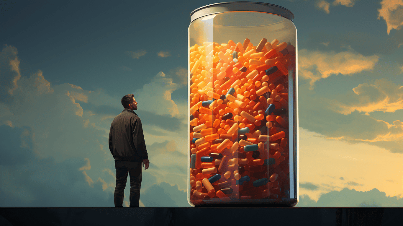 abstract image of a researcher studying a bottle of drug.