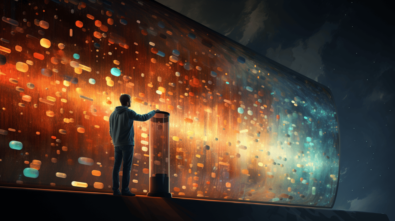 abstract image of a researcher studying a bottle of drug.