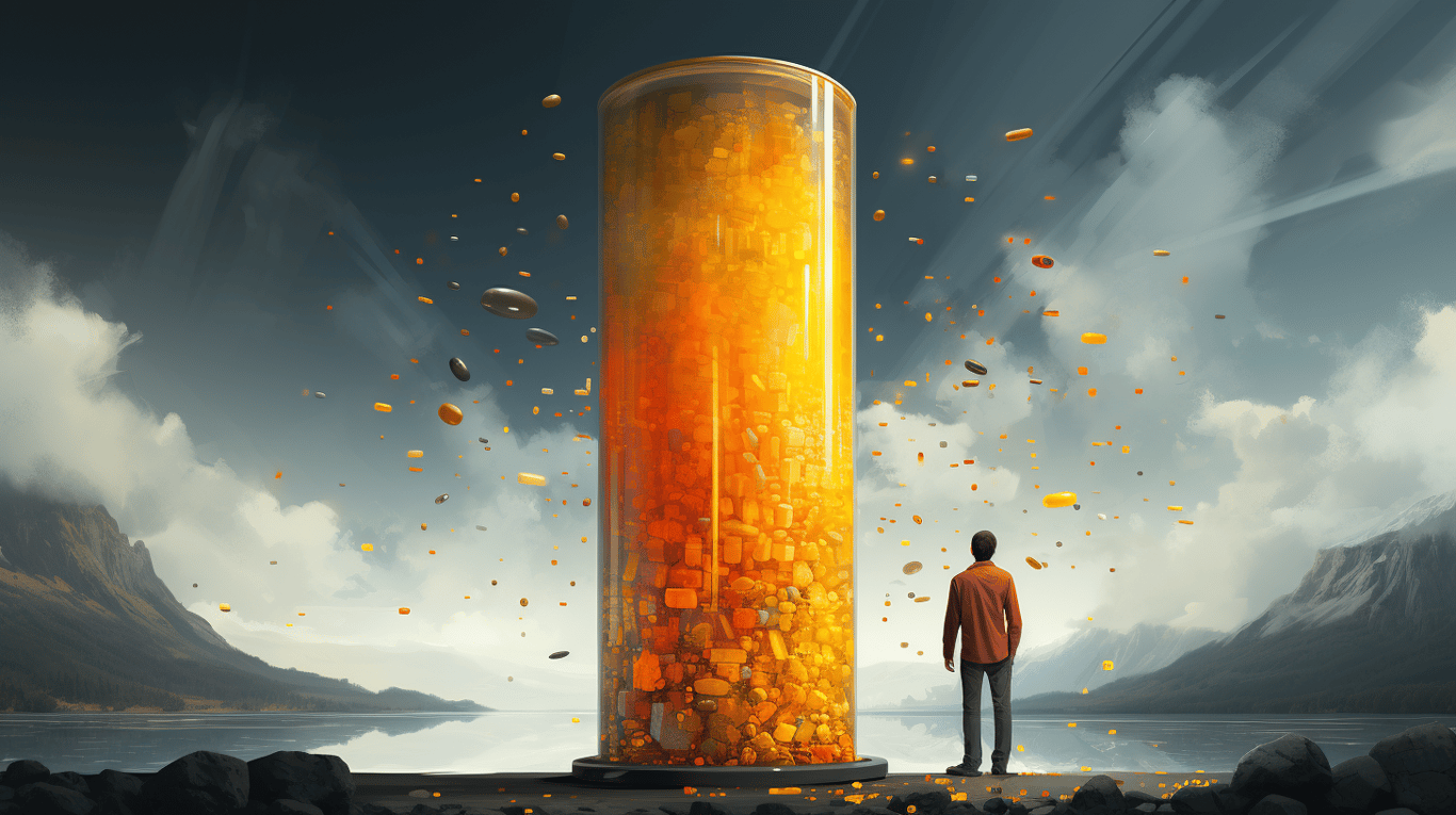 abstract image of a researcher studying a bottle of drug.