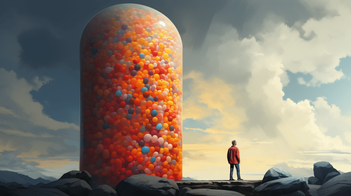 abstract image of a researcher studying a bottle of drug.