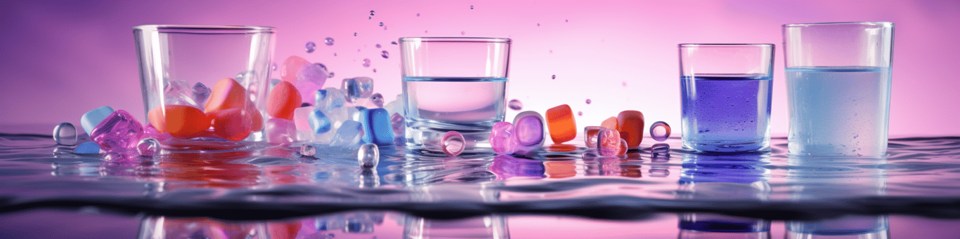 image of drug pills surrounding a glass of water symbolizing drug consumption
