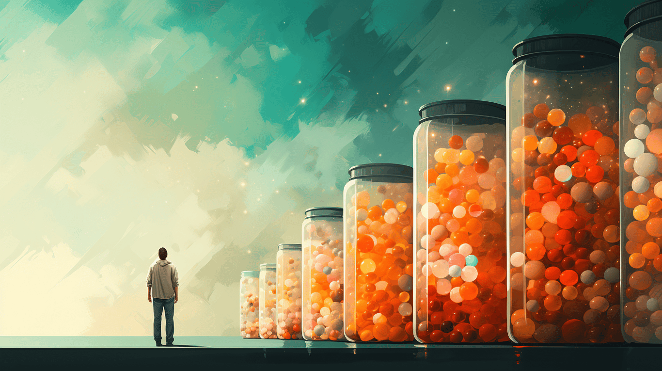 abstract image of a researcher studying a bottle of drug.