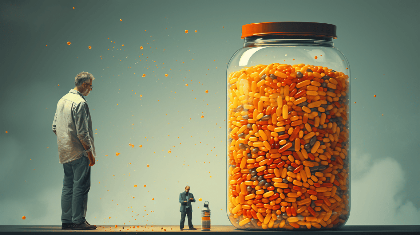 abstract image of a researcher studying a bottle of drug.