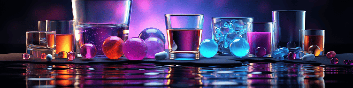 image of drug pills surrounding a glass of water symbolizing drug consumption