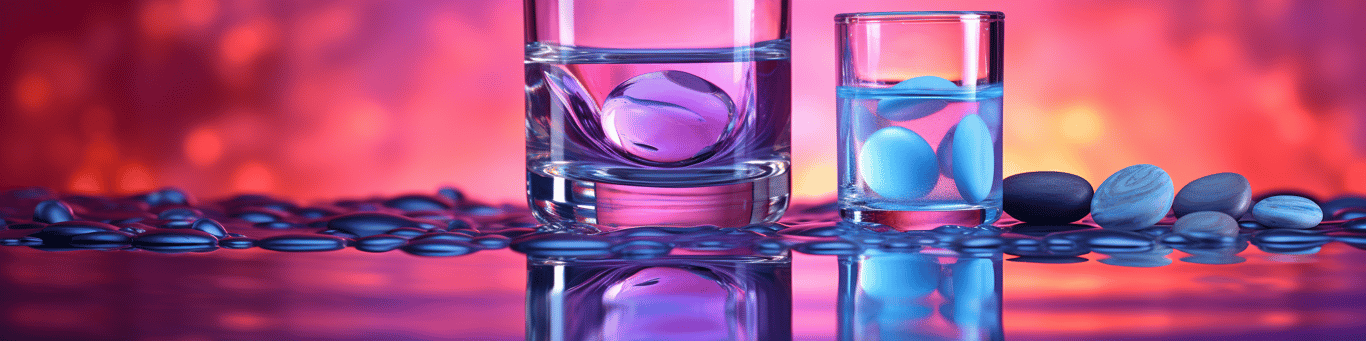 image of drug pills surrounding a glass of water symbolizing drug consumption