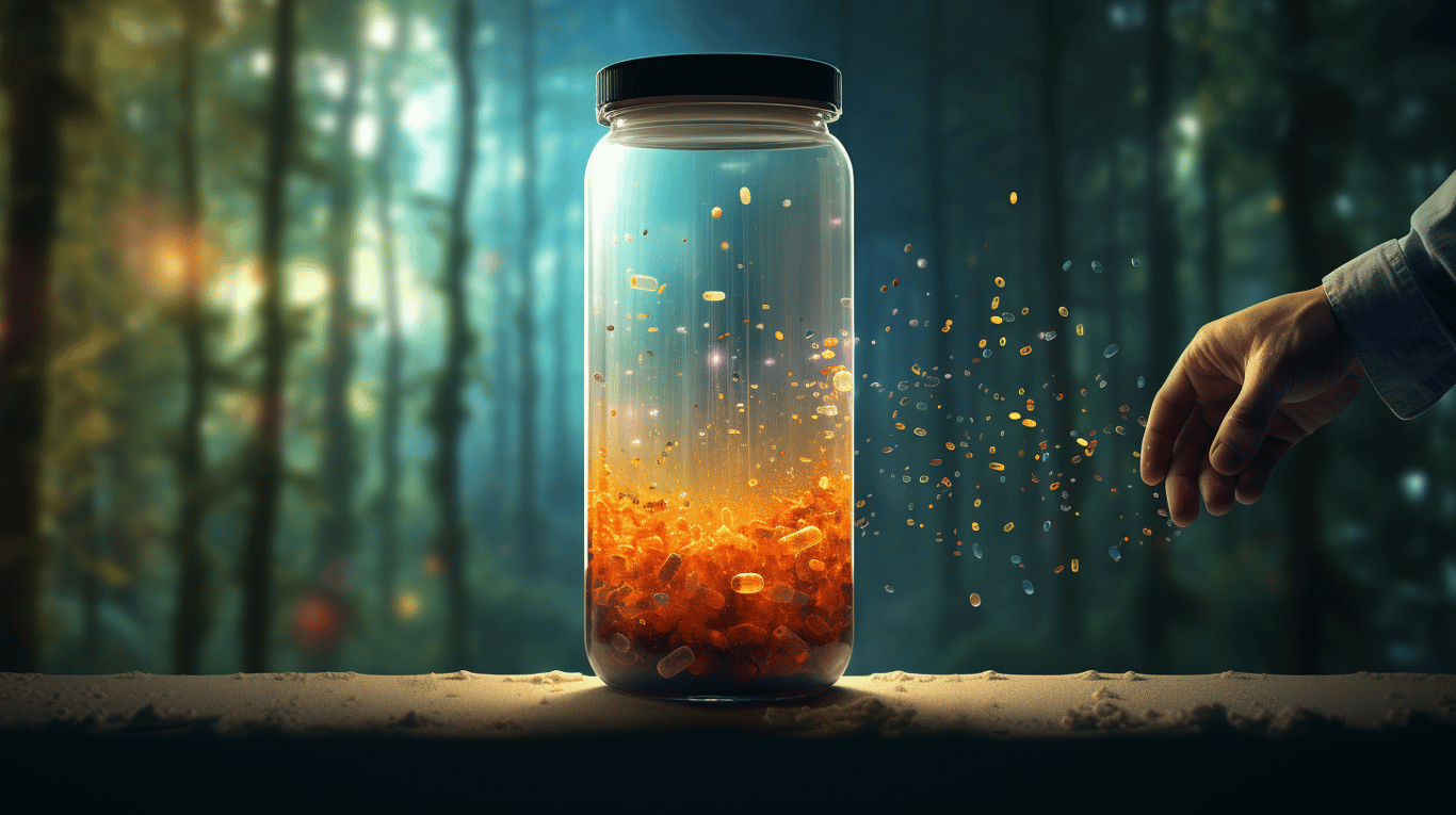 abstract image of a researcher studying a bottle of drug.