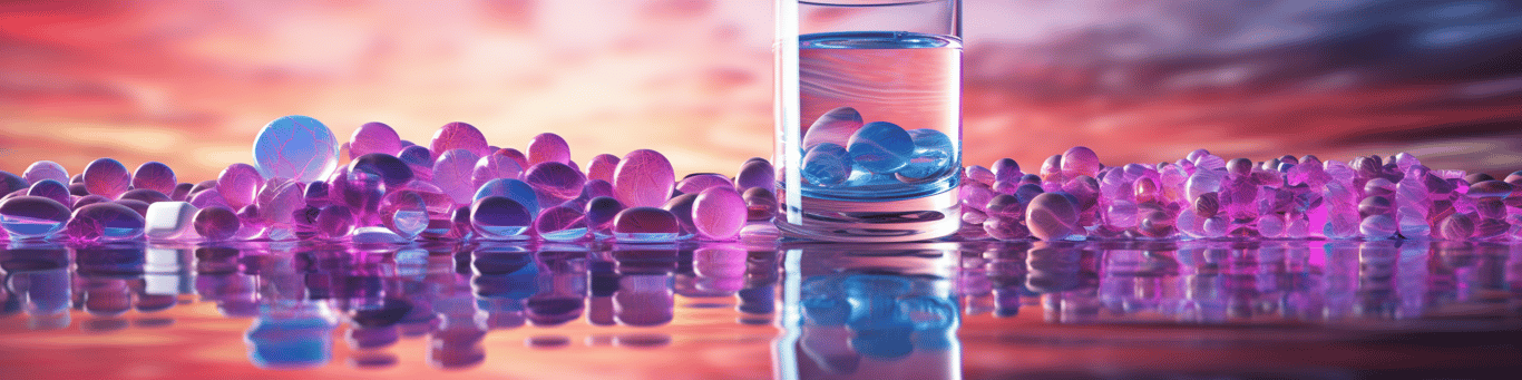 image of drug pills surrounding a glass of water symbolizing drug consumption
