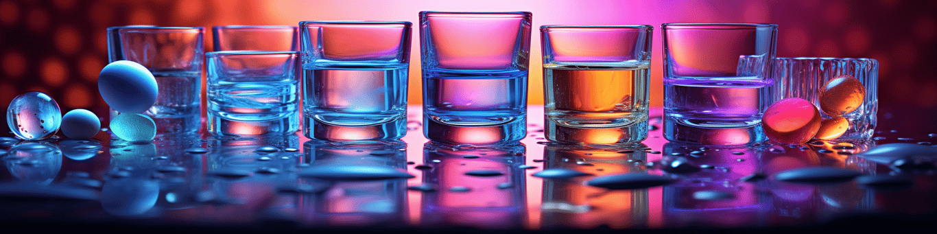 image of drug pills surrounding a glass of water symbolizing drug consumption