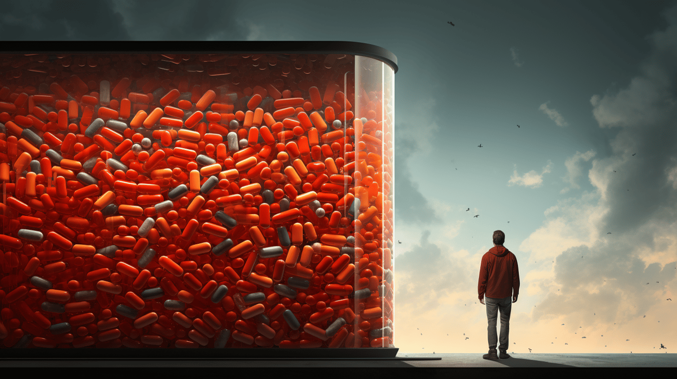 abstract image of a researcher studying a bottle of drug.